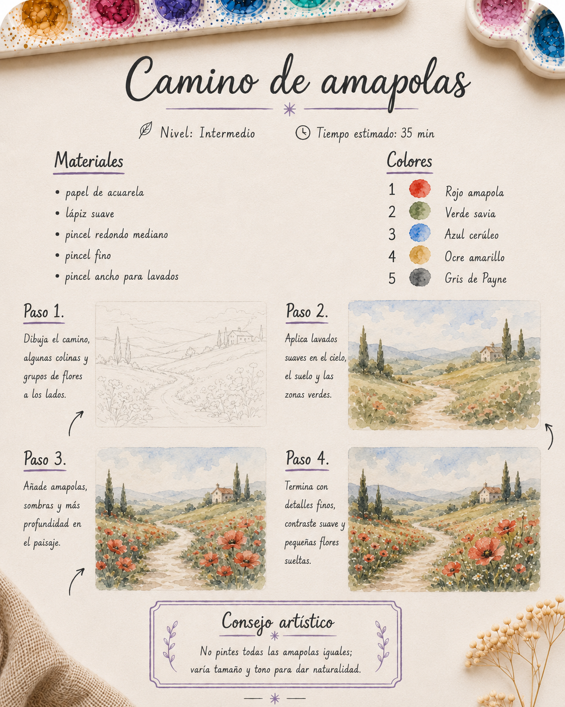 Proyecto paso a paso: camino de amapolas en acuarela