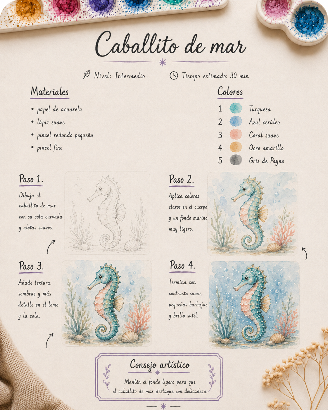 Proyecto paso a paso: caballito de mar en acuarela