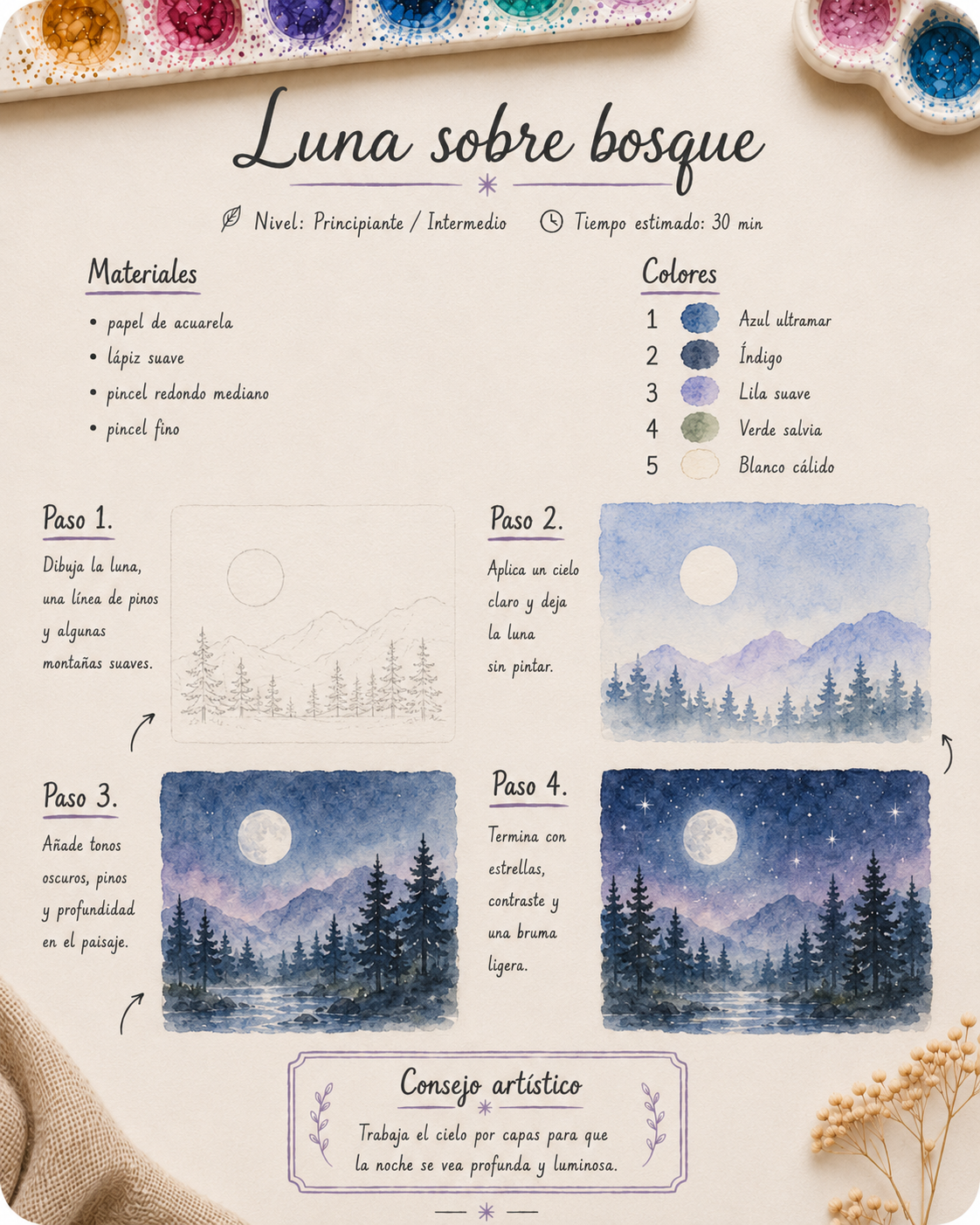 Proyecto paso a paso: luna sobre bosque en acuarela